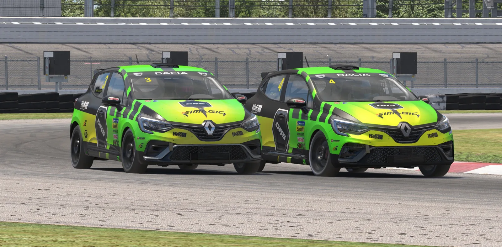 Two Team GRS Renault Clios racing side by side in matching green liveries