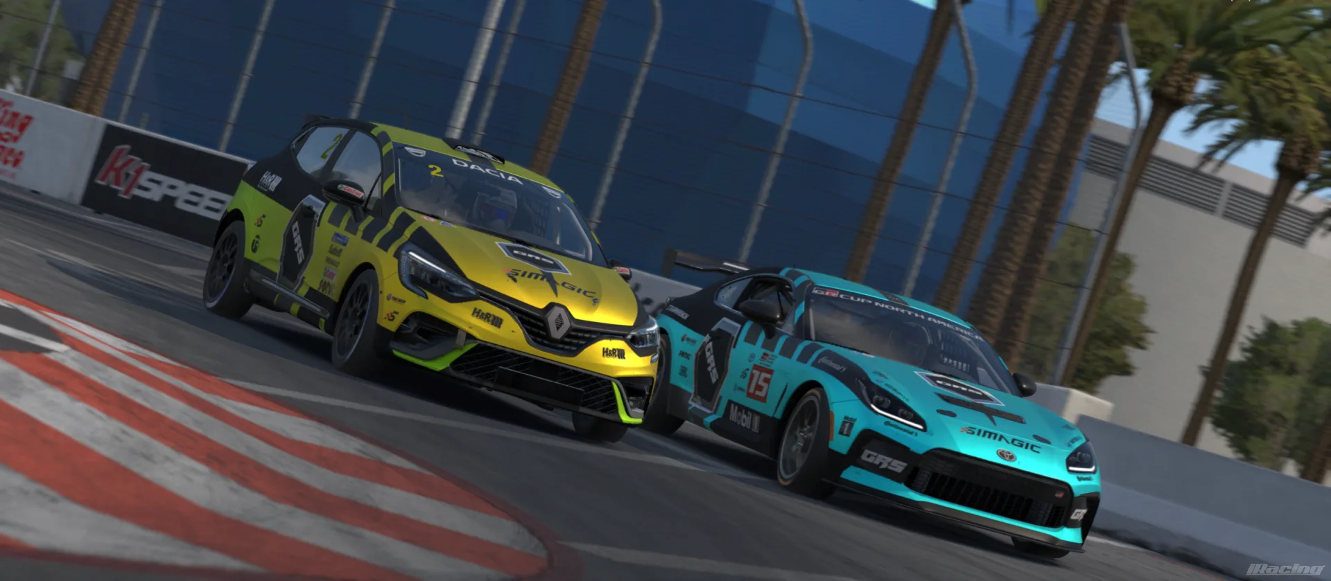 Team GRS Renault Clio and Toyota GR86 racing together on a street circuit