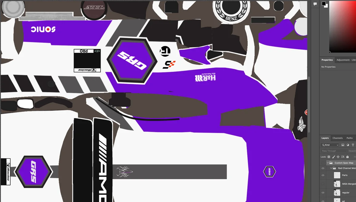 Team GRS custom Mercedes-AMG GT3 livery design in Photoshop — purple GRS livery